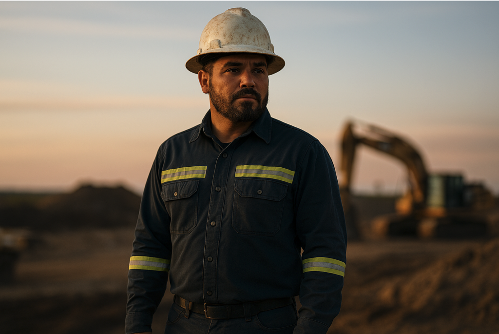 A construction worker wearing a navy-blue flame-resistant (FR) work shirt with yellow reflective striping stands confidently on a job site at sunset. He wears a white hard hat and looks toward the horizon, with heavy equipment and earthmoving machinery blurred in the background.